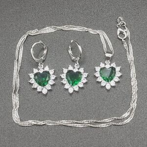 925 Silver Necklace Earrings Lab Green Emerald CZ Diamond Heart Set BOHO Fashion